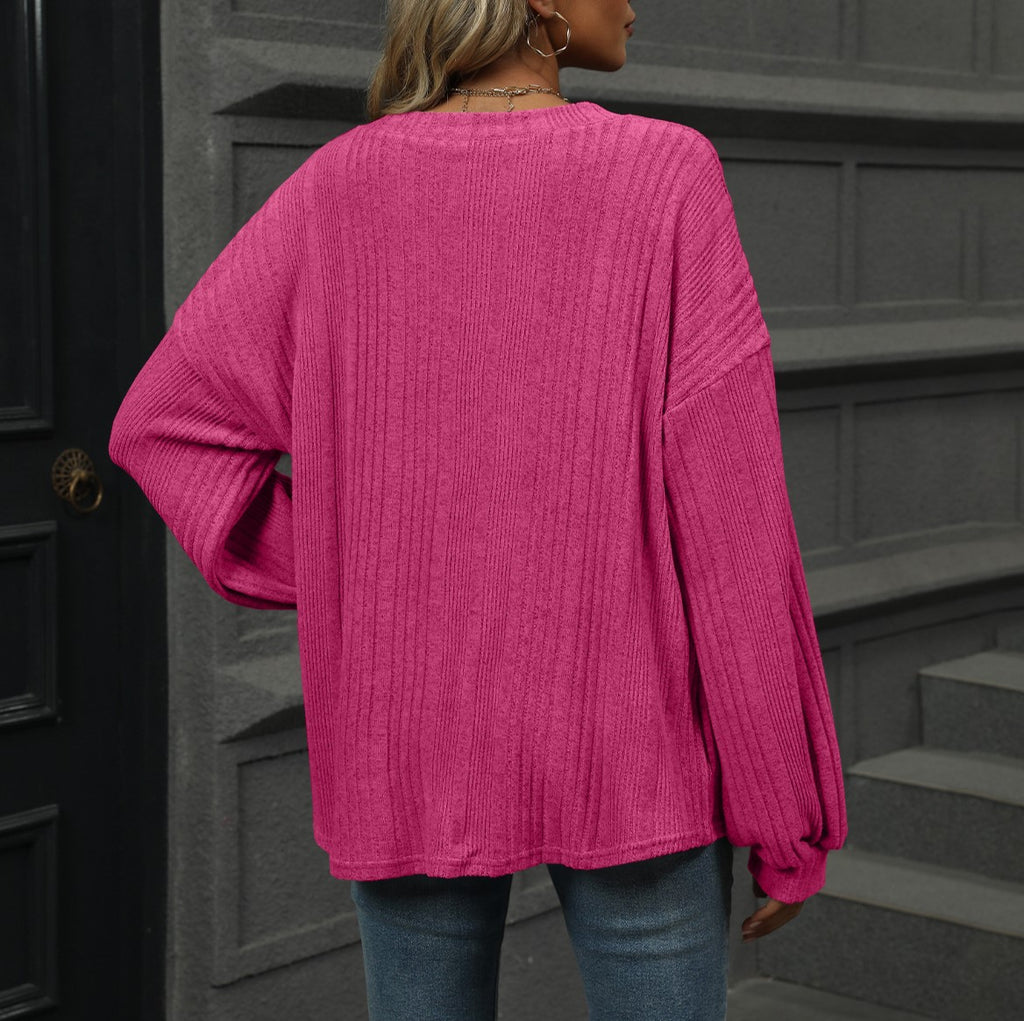 Ribbed V Neck Balloon Sleeve Knit Top - Rosered - 1