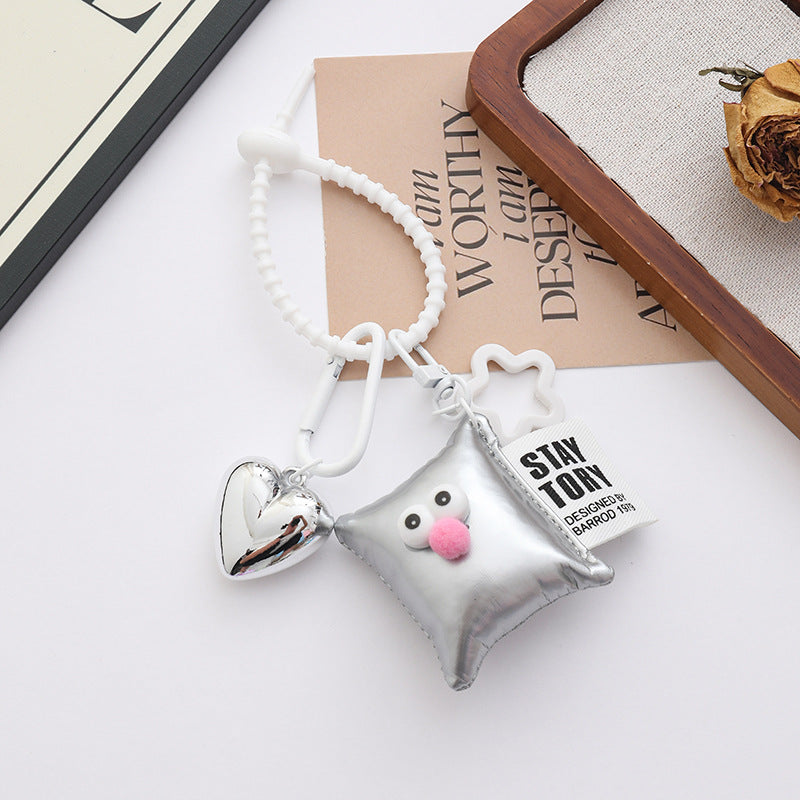 Smiley Pillow Charm With Heart Pendant - Silver