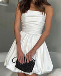 Satin Strapless Bubble Hem Mini Dress - White