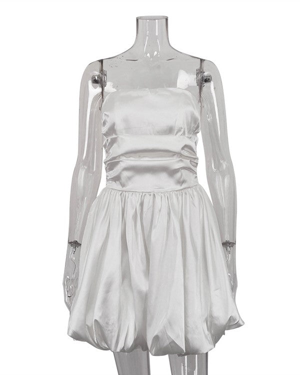 Satin Strapless Bubble Hem Mini Dress - White - 1