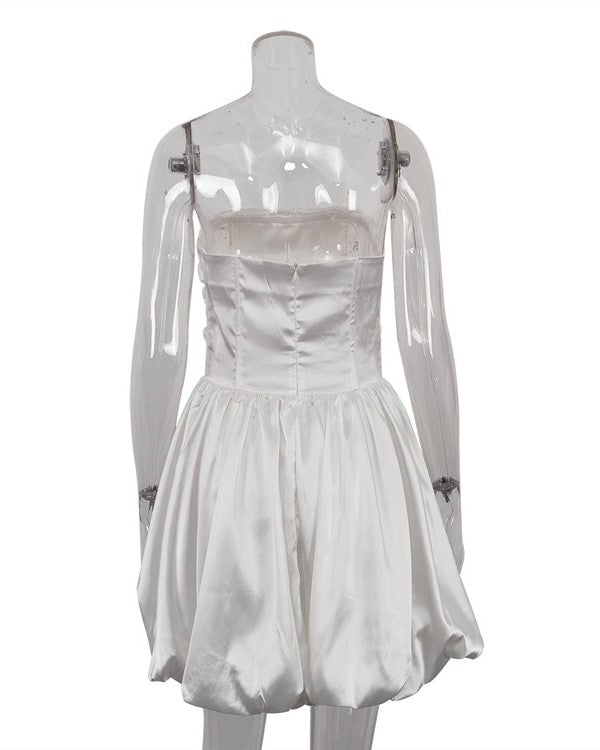 Satin Strapless Bubble Hem Mini Dress - White - 2