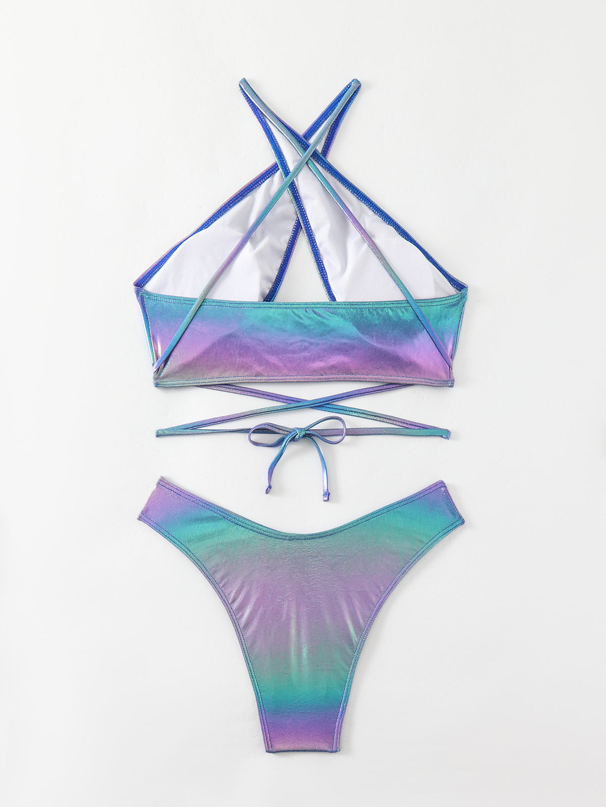Iridescent Criss Cross Lace Up Bikini Set - Blue - 1