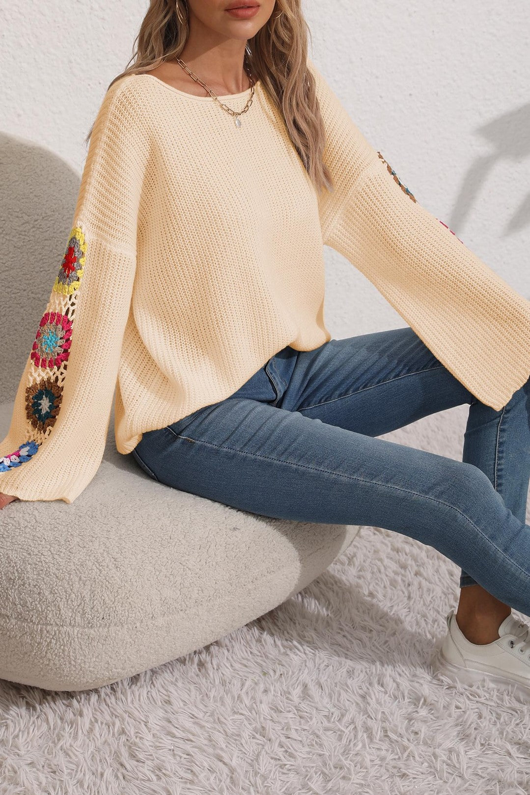Crochet Floral Sleeve Boat Neck Sweater - Beige - 1