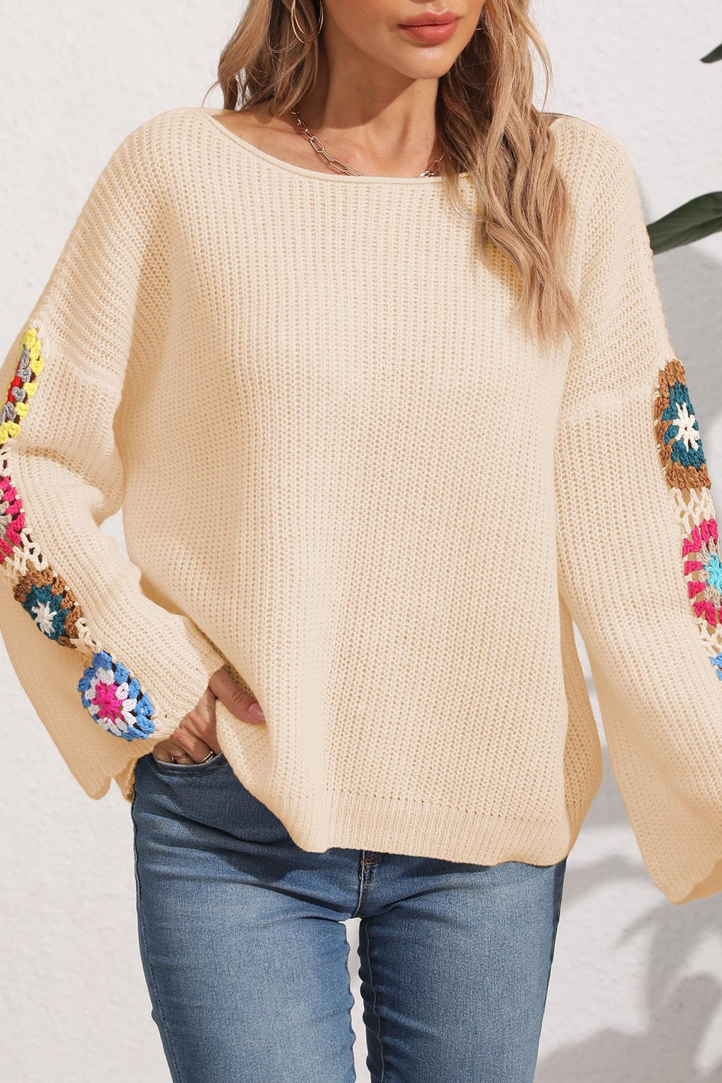 Crochet Floral Sleeve Boat Neck Sweater - Beige - 2