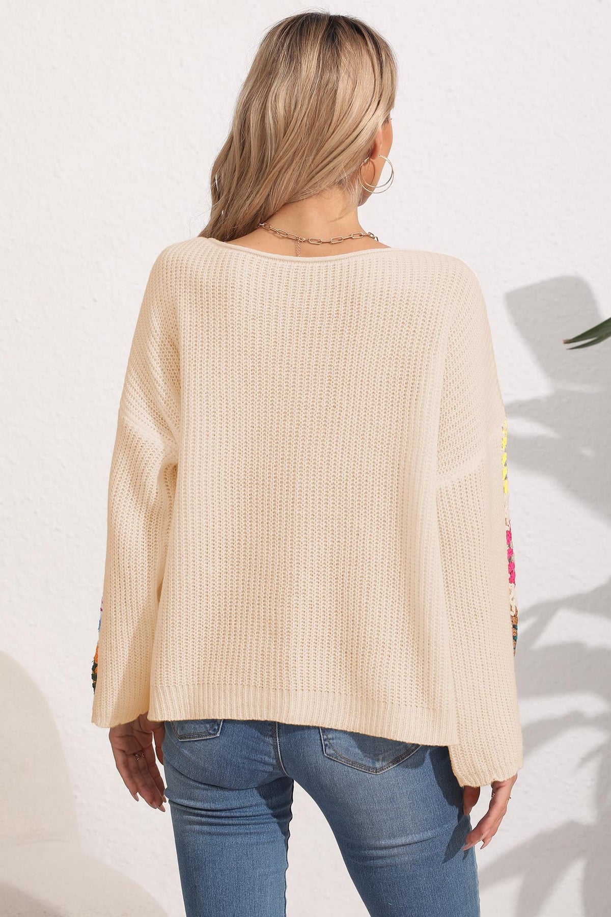 Crochet Floral Sleeve Boat Neck Sweater - Beige - 3
