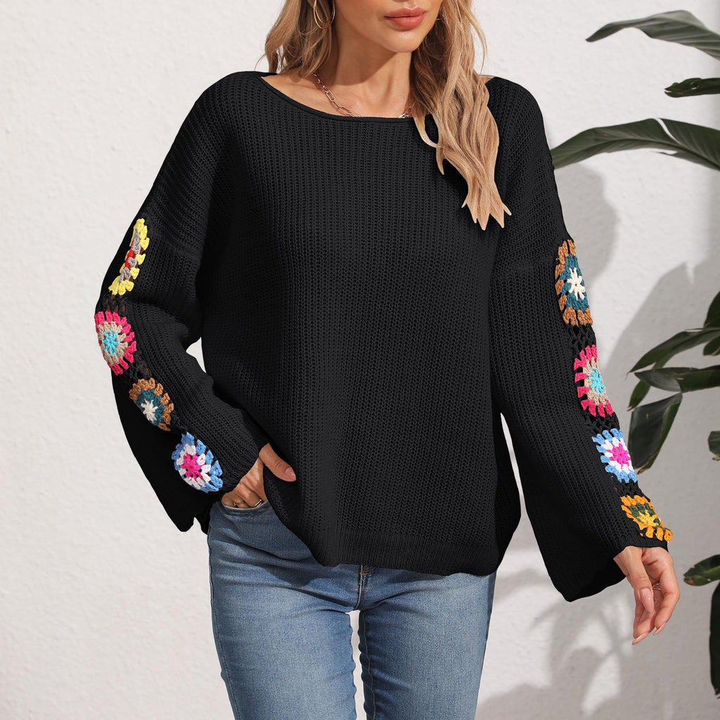 Crochet Floral Sleeve Boat Neck Sweater - Black - 1