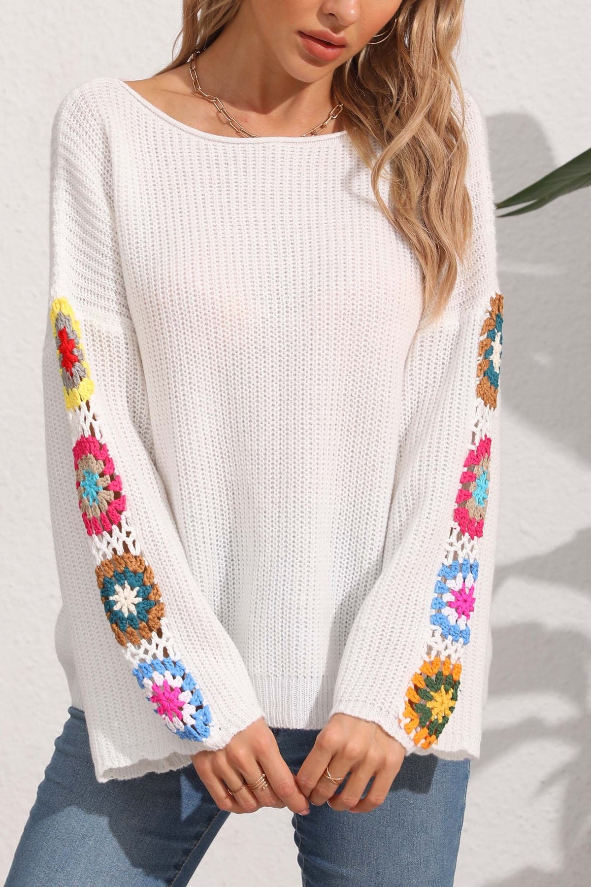 Crochet Floral Sleeve Boat Neck Sweater - White