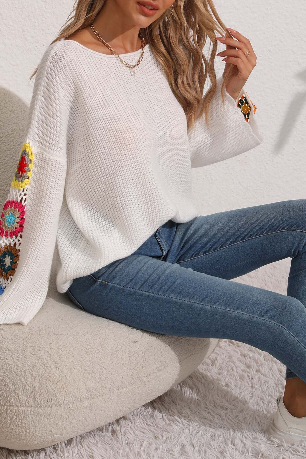 Crochet Floral Sleeve Boat Neck Sweater - White - 3