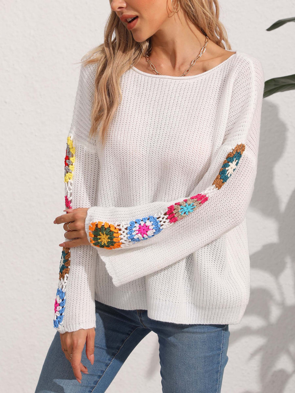Crochet Floral Sleeve Boat Neck Sweater - White - 6