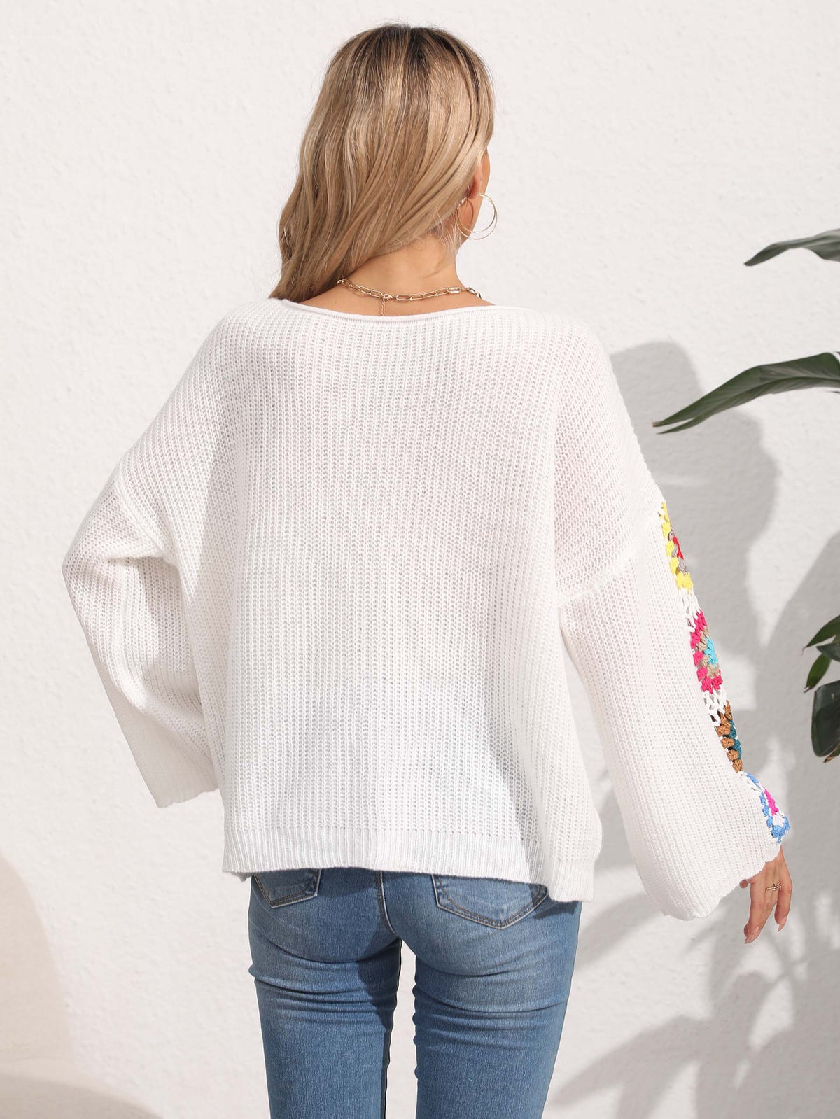 Crochet Floral Sleeve Boat Neck Sweater - White - 9