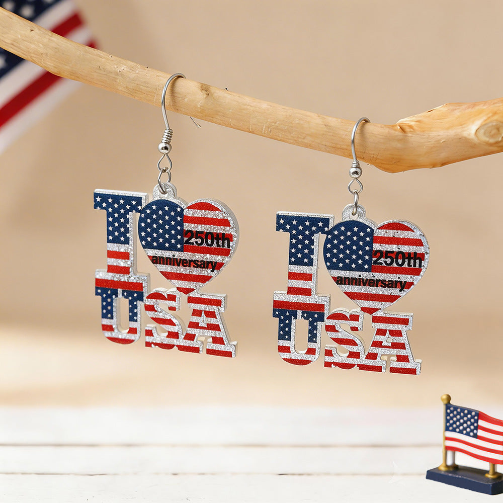 Stars and Stripes Lettering Dangle Earrings - NO-2