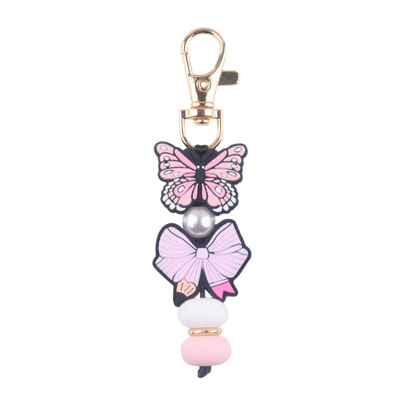 Butterfly & Daisy Pearl-Bead Bag Charm Keychain - Pink Butterfly