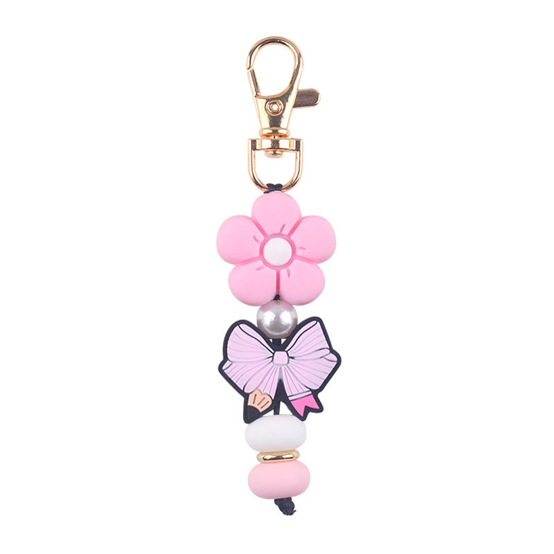 Butterfly & Daisy Pearl-Bead Bag Charm Keychain - Pink Flower