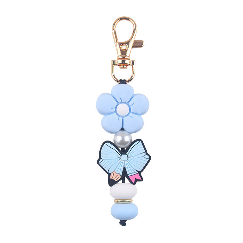 Butterfly & Daisy Pearl-Bead Bag Charm Keychain - Blue Flower
