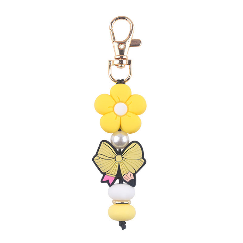 Butterfly & Daisy Pearl-Bead Bag Charm Keychain - Yellow Flower