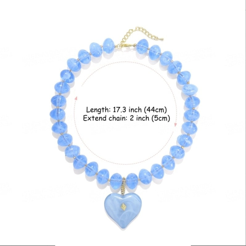 Chunky Acrylic Bead Necklace with Puffy Heart Pendant - Blue