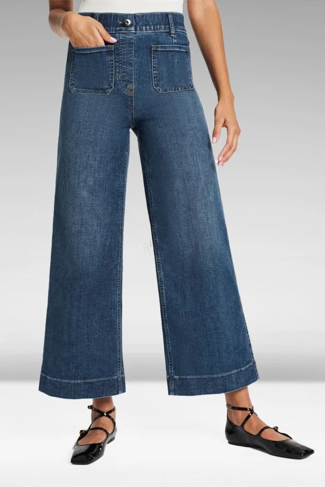 Cropped Wide Leg Culotte Jeans - Blue - 1