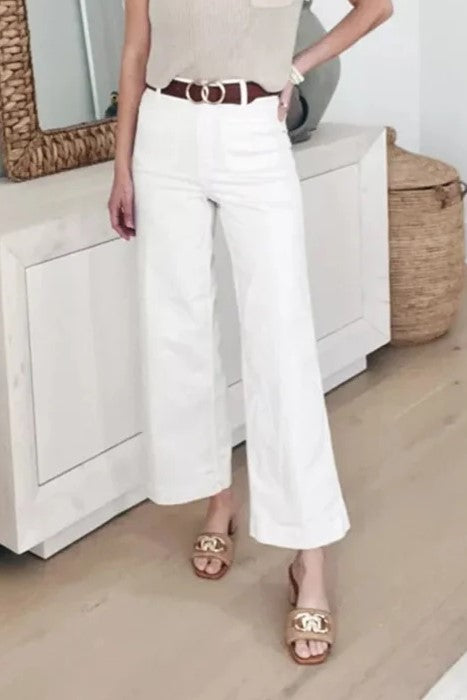 Cropped Wide Leg Culotte Jeans - White - 1