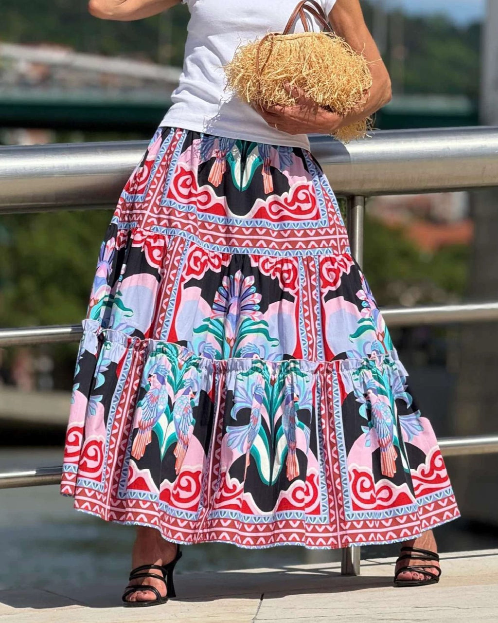 Tiered Maxi Skirt With Ornate Border Print - Black