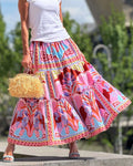 Tiered Maxi Skirt With Ornate Border Print - Red
