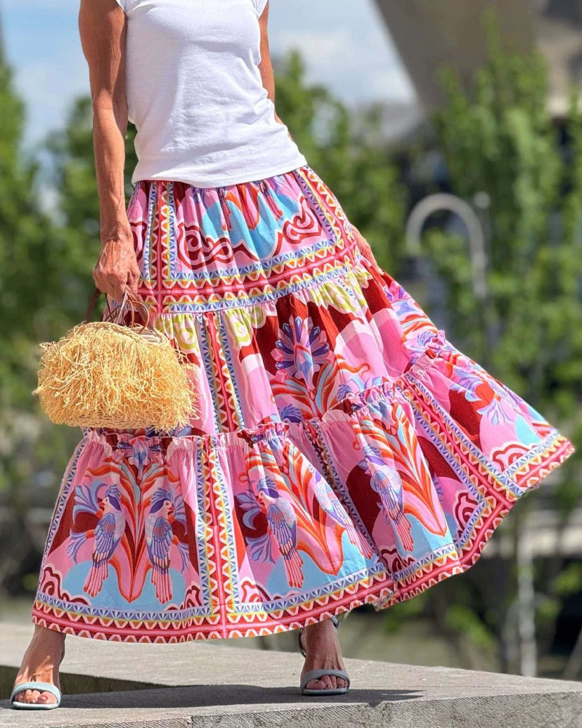 Tiered Maxi Skirt With Ornate Border Print - Red