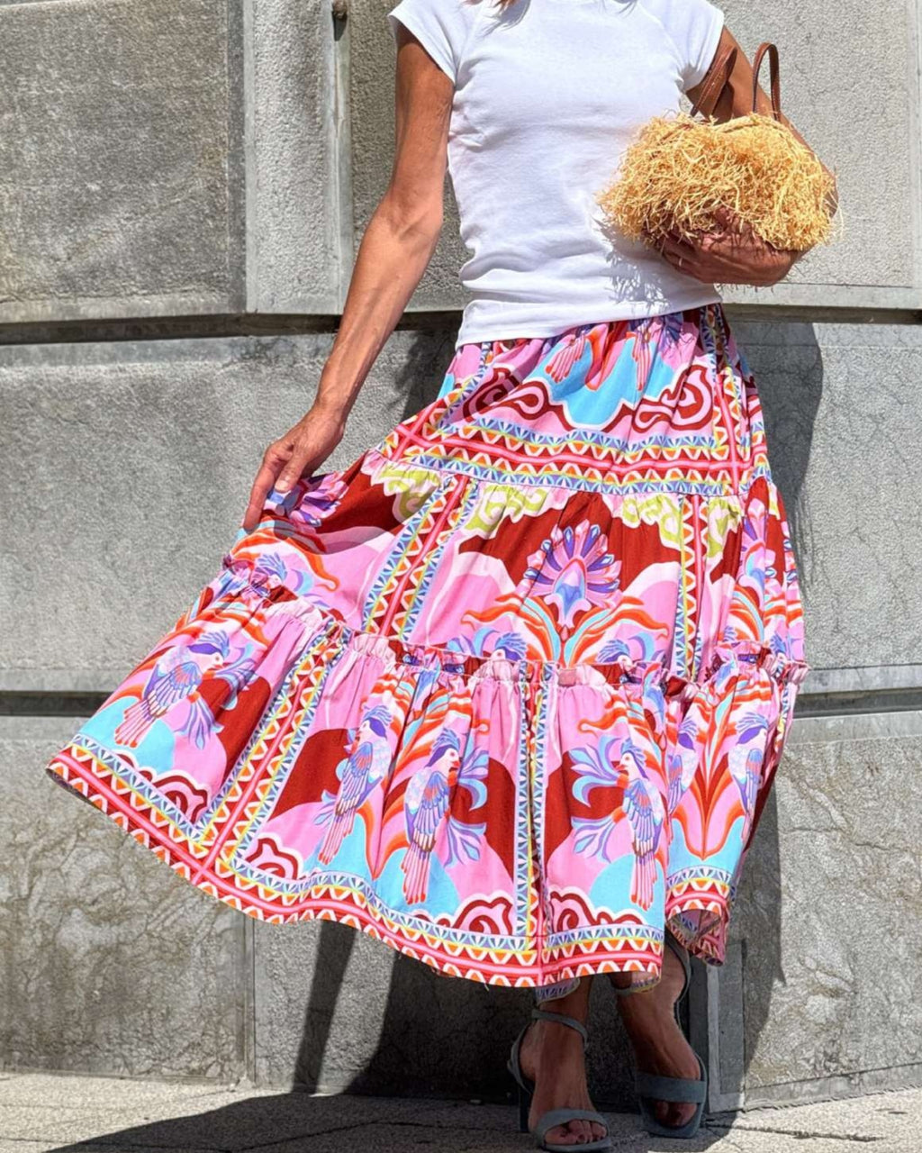 Tiered Maxi Skirt With Ornate Border Print - Red - 1