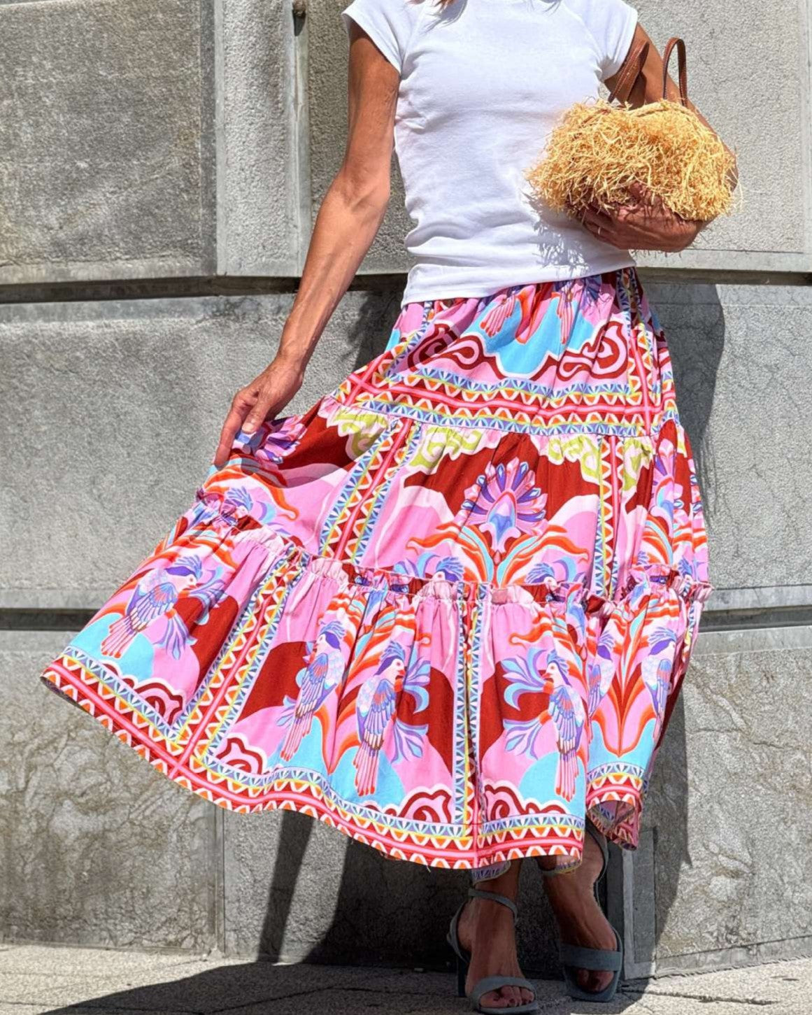 Tiered Maxi Skirt With Ornate Border Print - Red - 1