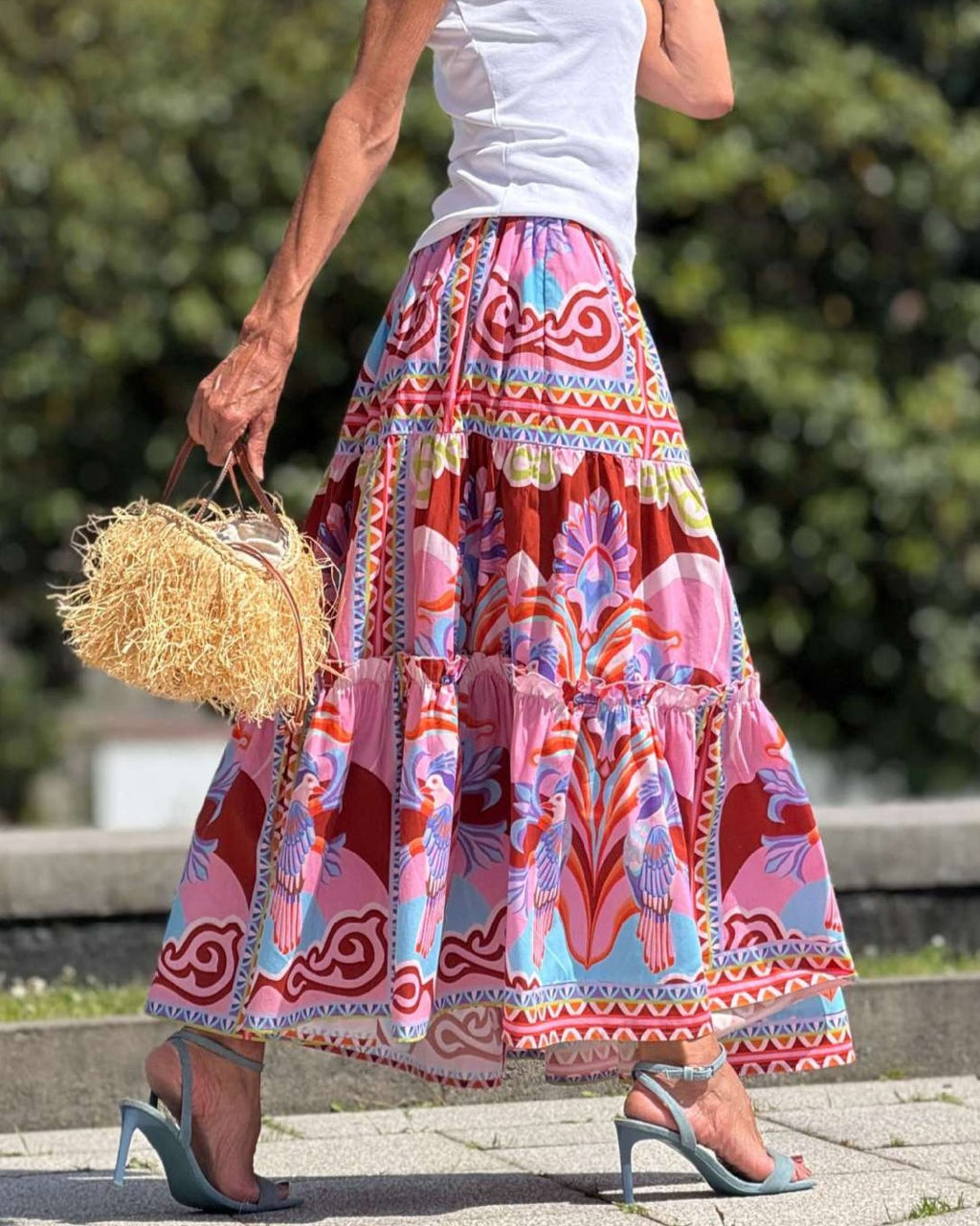 Tiered Maxi Skirt With Ornate Border Print - Red - 2