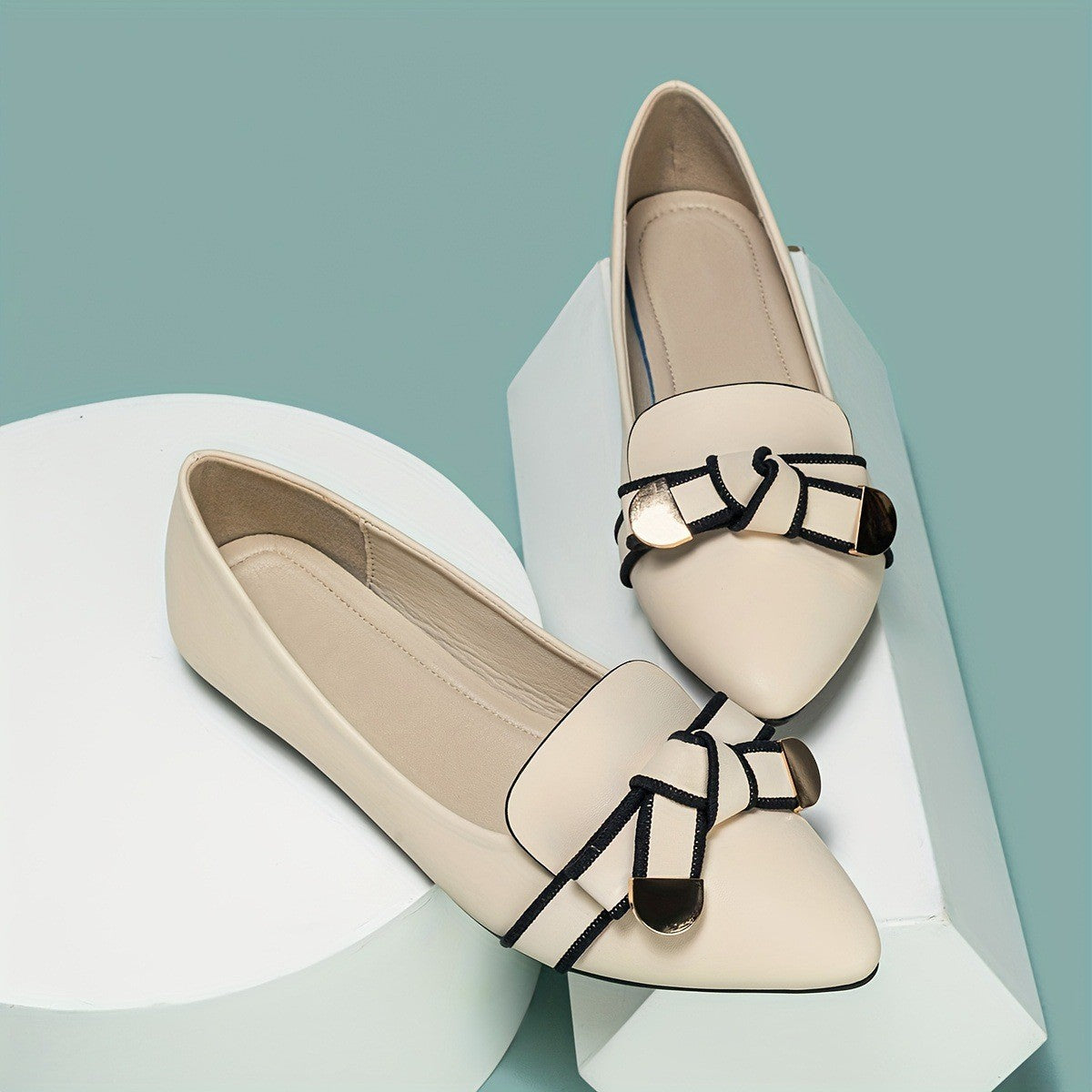 Pointed Toe Knot Bow Flats with Metal Accent - Beige