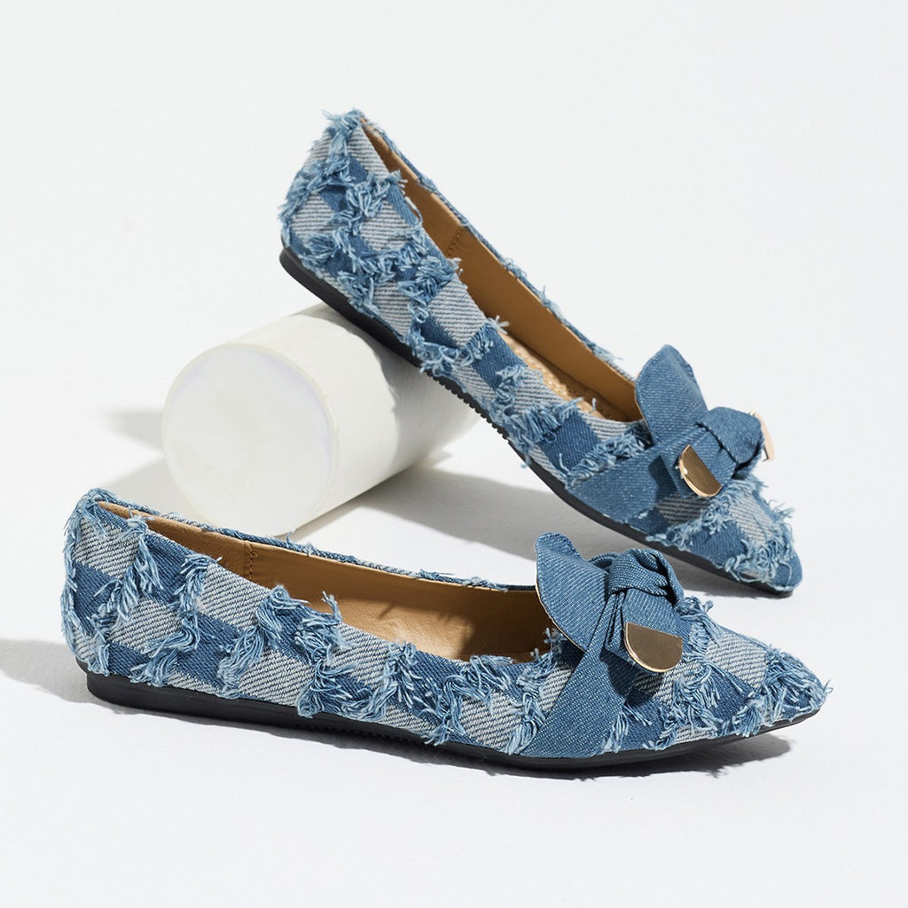 Pointed Toe Knot Bow Flats with Metal Accent - Denim Blue