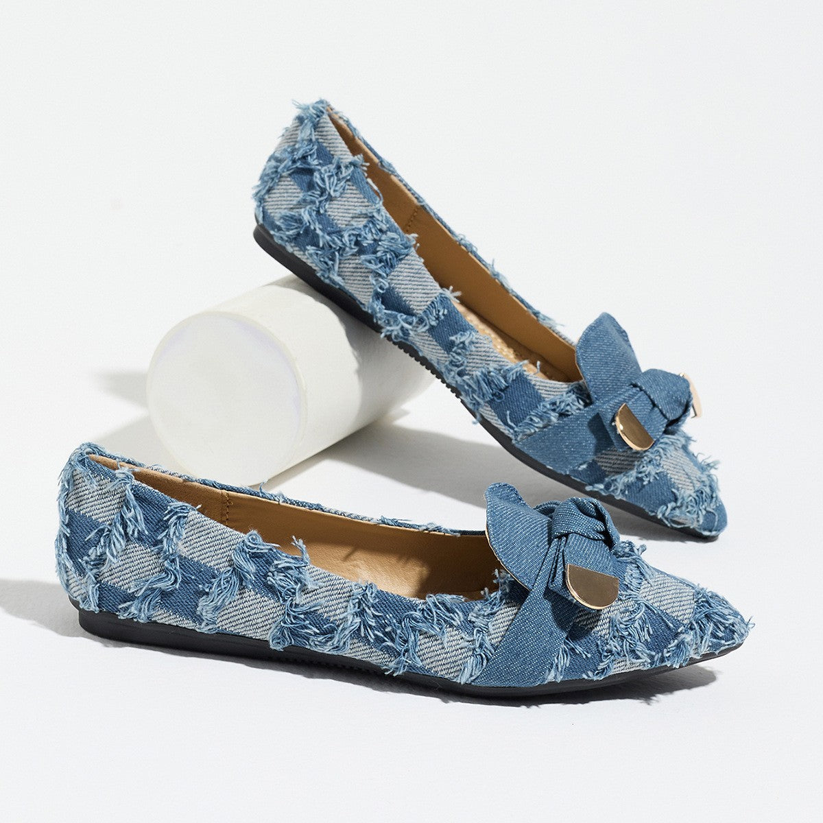 Pointed Toe Knot Bow Flats with Metal Accent - Denim Blue