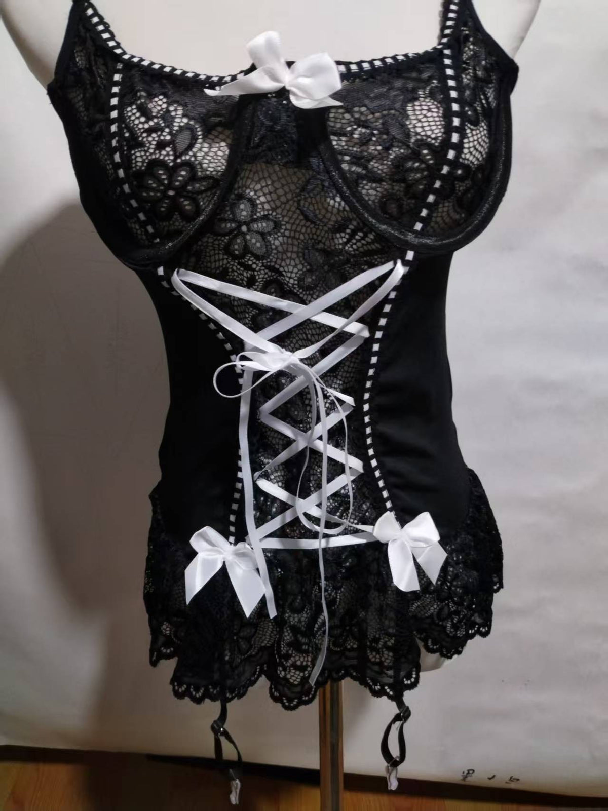 Lace Peplum Corset Garter Lingerie Set With Thong - Black + Stockings