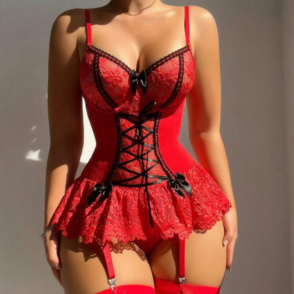 Lace Peplum Corset Garter Lingerie Set With Thong
