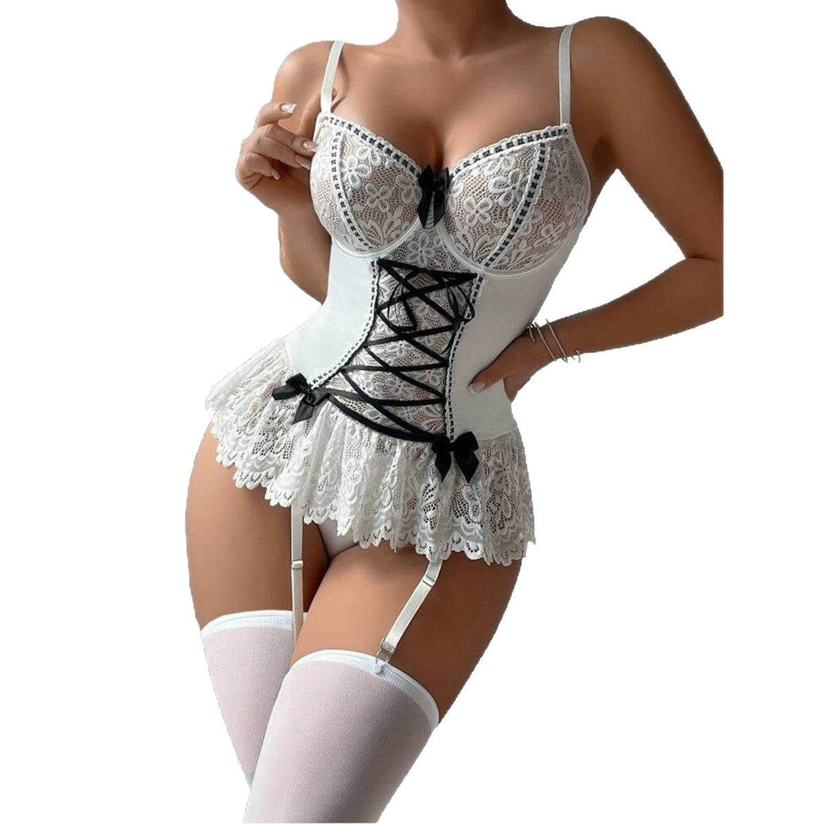 Lace Peplum Corset Garter Lingerie Set With Thong