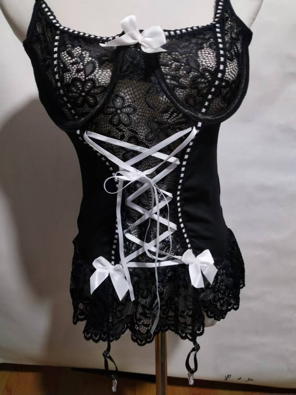 Lace Peplum Corset Garter Lingerie Set With Thong