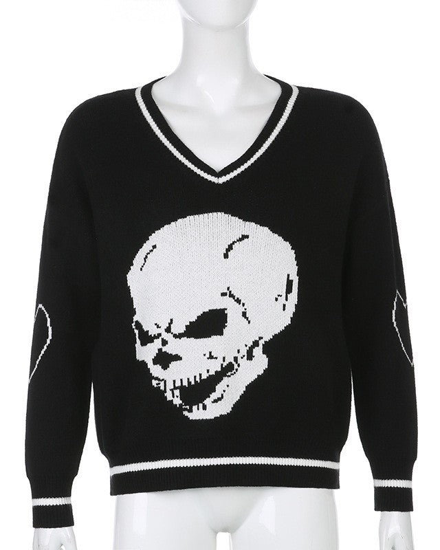 Y2K Skull Graphic V-Neck Sweater - Black