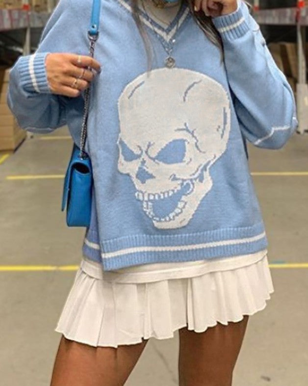 Y2K Skull Graphic V-Neck Sweater - Blue