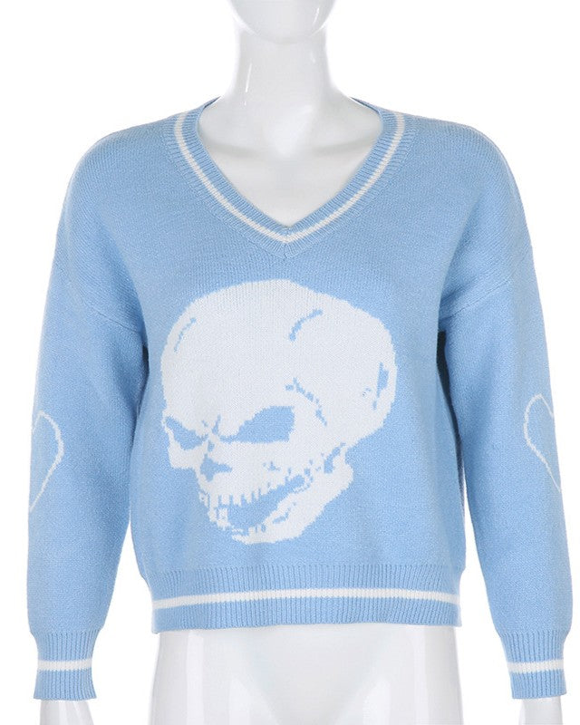 Y2K Skull Graphic V-Neck Sweater - Blue - 1