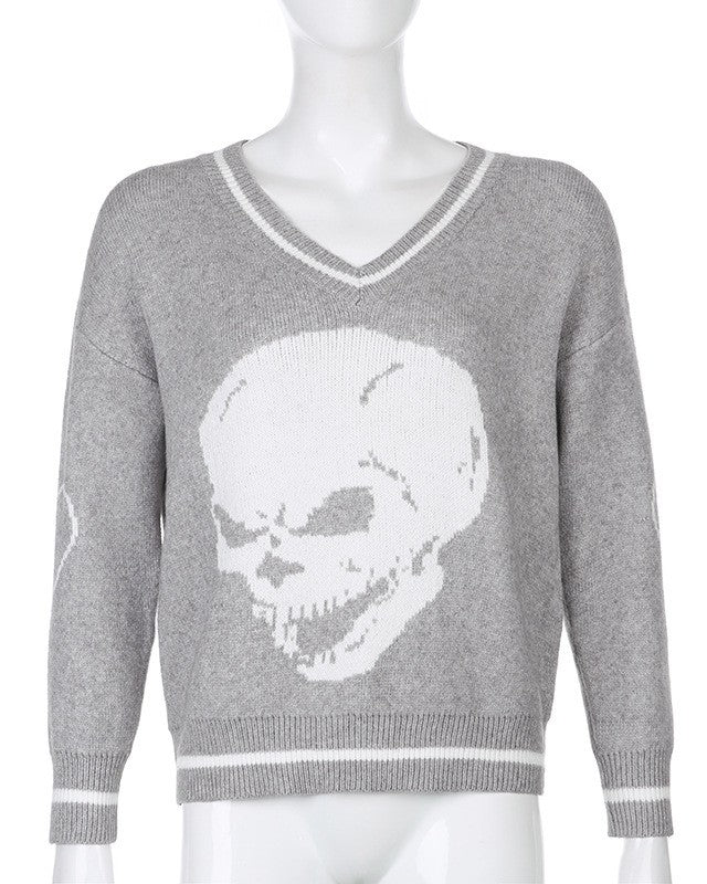 Y2K Skull Graphic V-Neck Sweater - Gray