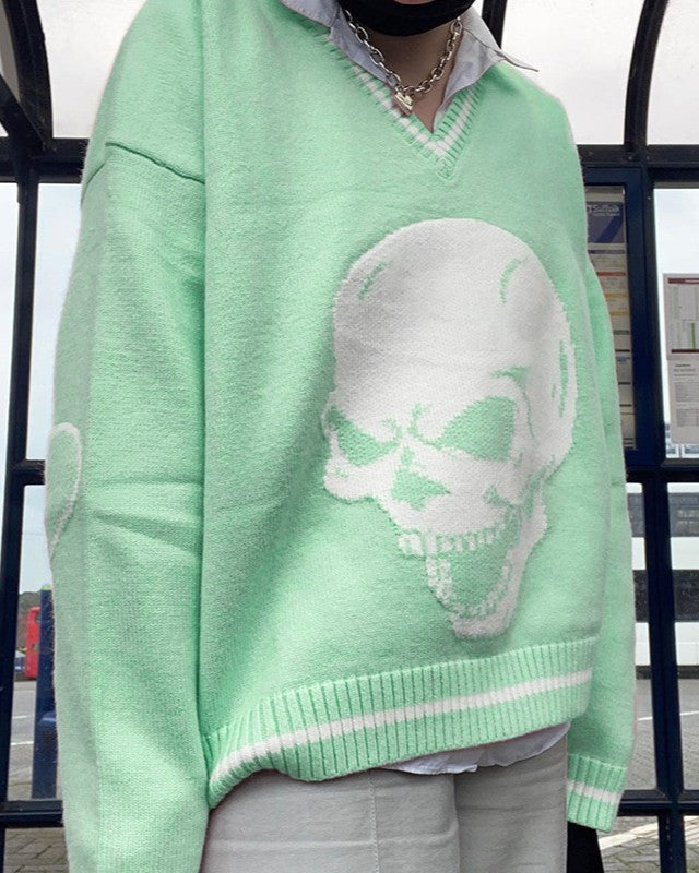 Y2K Skull Graphic V-Neck Sweater - Green