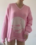 Y2K Skull Graphic V-Neck Sweater - Pink