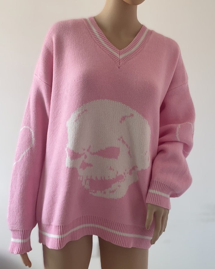 Y2K Skull Graphic V-Neck Sweater - Pink