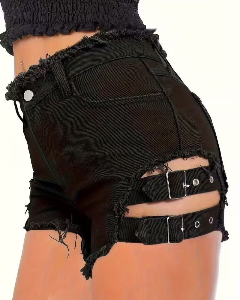 Strappy Buckle Cutout Frayed Denim Shorts - Black