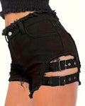 Strappy Buckle Cutout Frayed Denim Shorts - Black