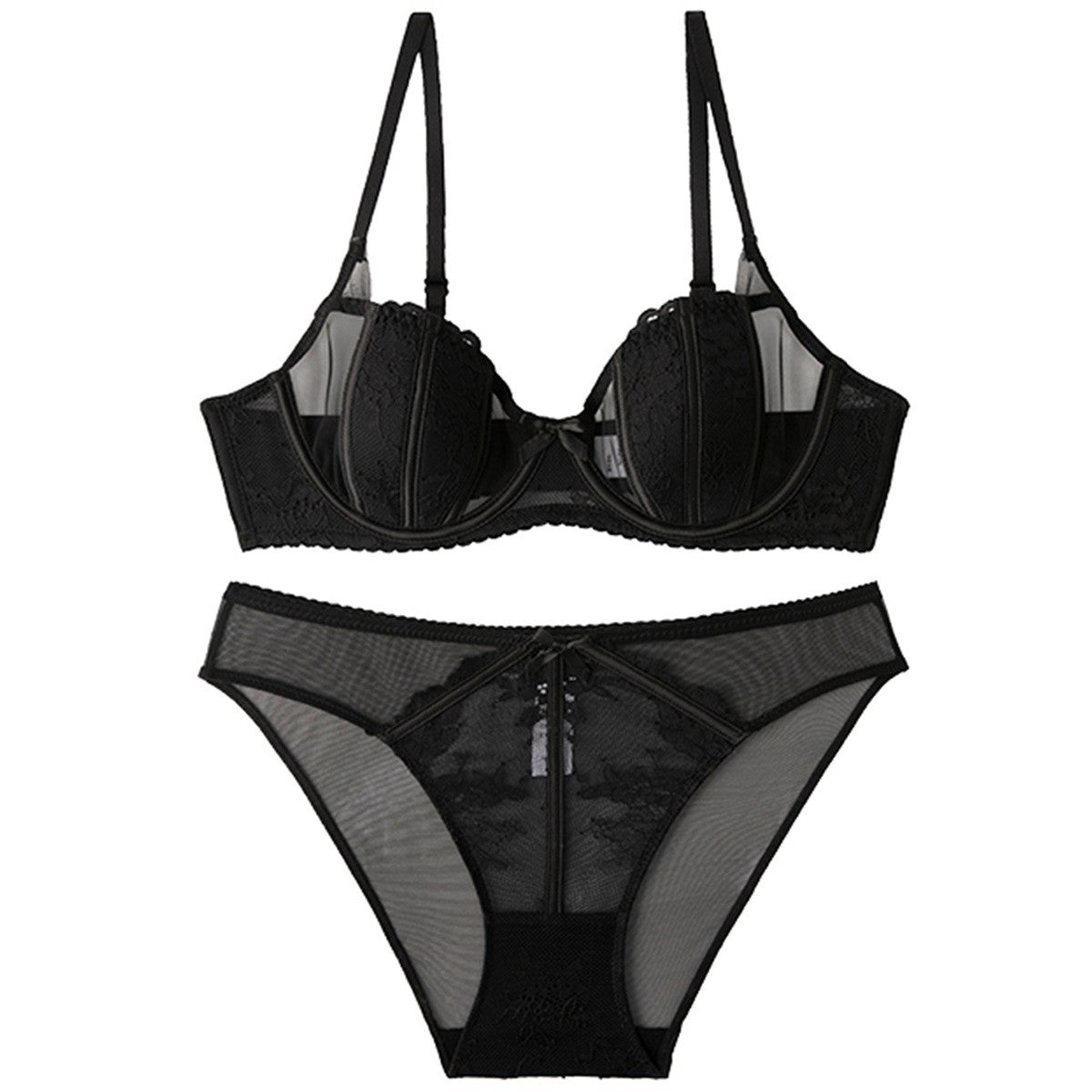 Lace Molded Cup Underwire Bra And Bikini Panty Set - Black
