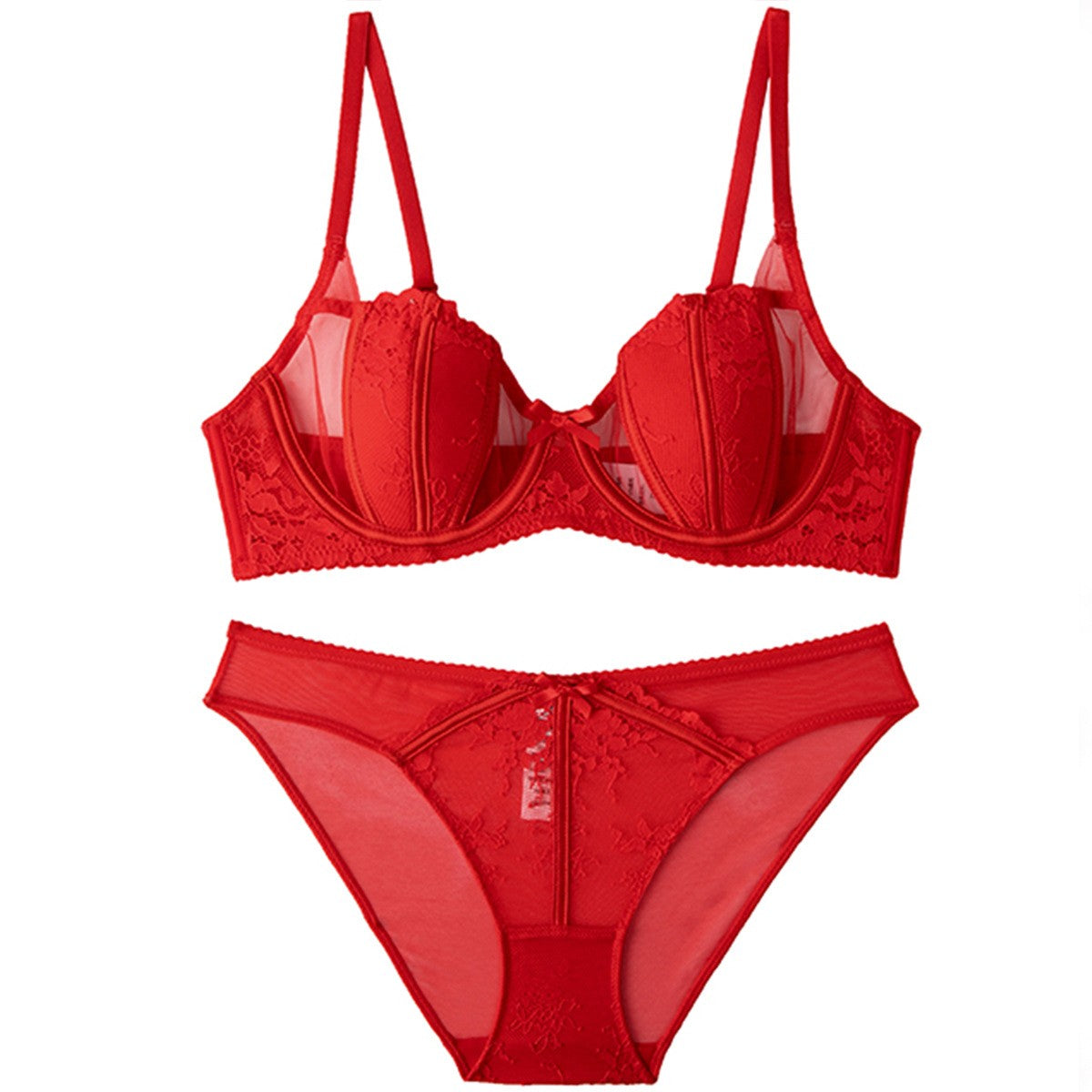 Lace Molded Cup Underwire Bra And Bikini Panty Set - Red