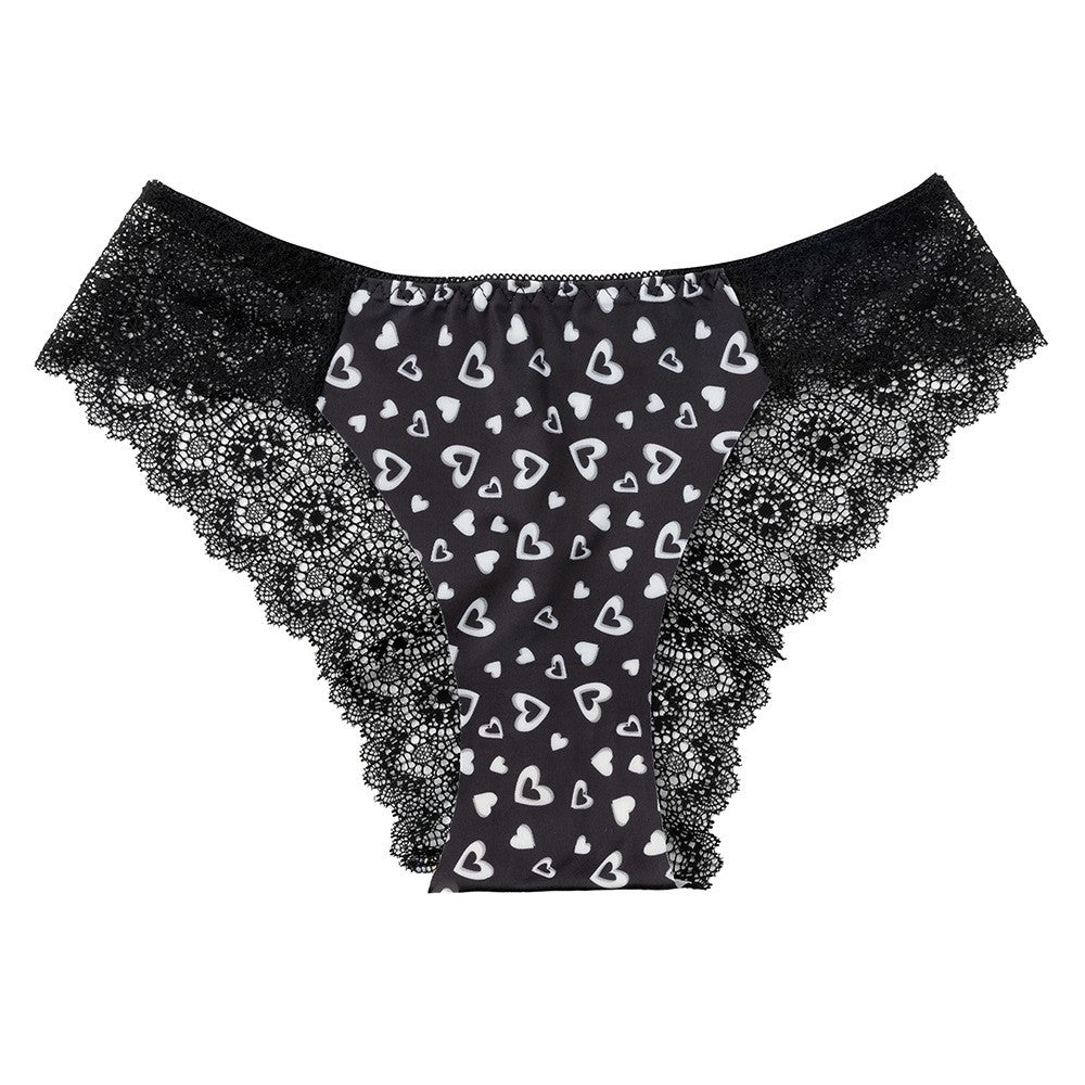 Lace Back Smooth Front Low Rise Cheeky Brief - Black Heart