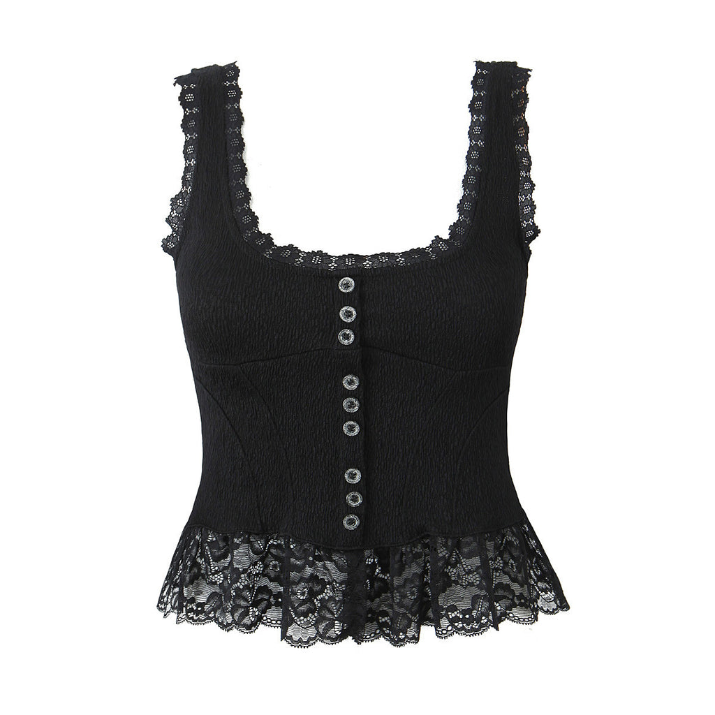 Lace Trim Button Front Peplum Cami Top - black