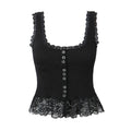 Lace Trim Button Front Peplum Cami Top - black