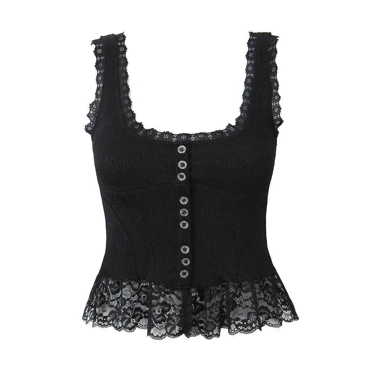 Lace Trim Button Front Peplum Cami Top - black